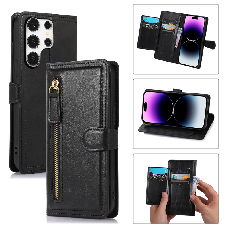 Leather Wallet Card Holder Phone Cover - Rits Flip Lederen Portemonnee Kaarthouder Case